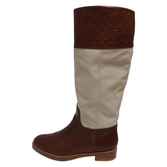 LOUIS VUITTON - Dark Brown Beige Women's Boots Leather Canvas 190-081625 - Picture 1 of 7